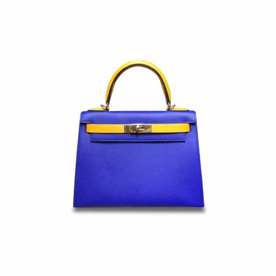 HERMÈS KELLY 28 EPSOM VERROU SOLAR YELLOW WITH ELECTRIC BLUE GOLD BUCKLE (28*22*10cm) 